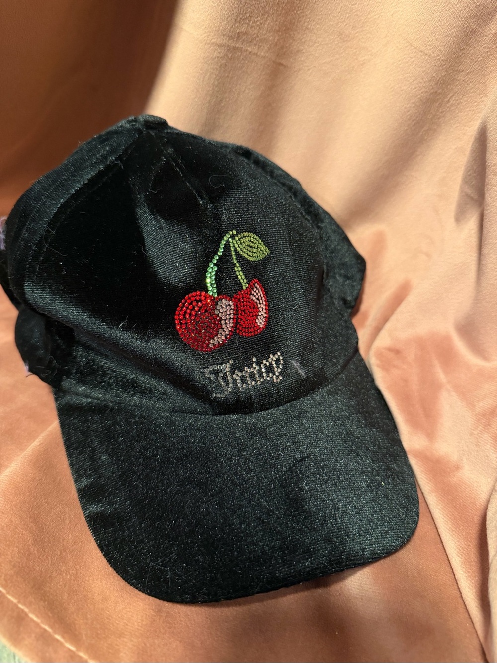 Juicy Couture Black Velvet Kids Cap with Red Cherry Accent